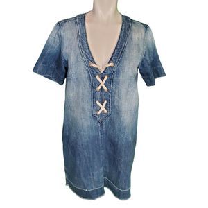 Current/Elliot Womens Denim Rope Lace Up V Neck Short Shift Dress Blue sz S